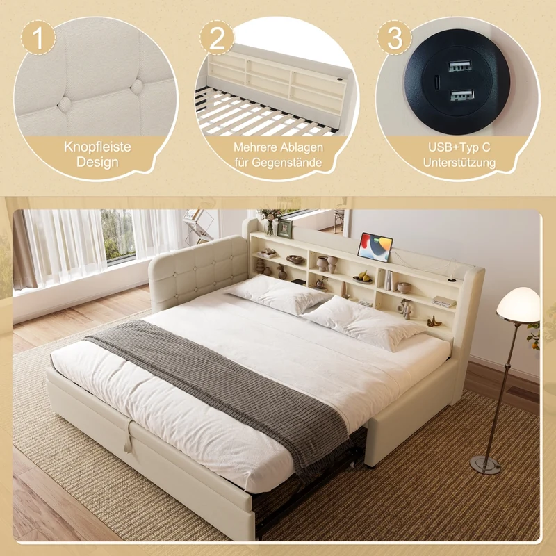 Letto singolo 90x200 cm in lino beige con letto estraibile salvaspazio; USB e Type-C