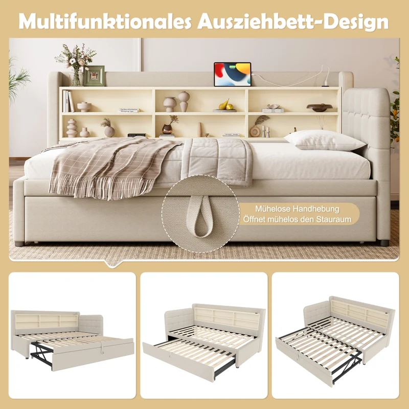 Letto singolo 90x200 cm in lino beige con letto estraibile salvaspazio; USB e Type-C
