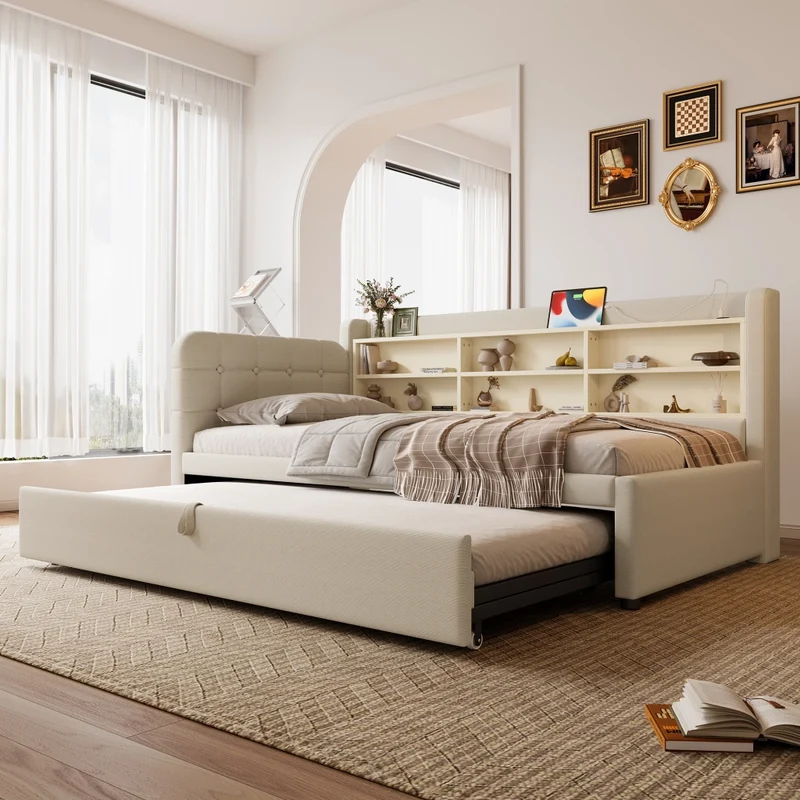 Letto singolo 90x200 cm in lino beige con letto estraibile salvaspazio; USB e Type-C