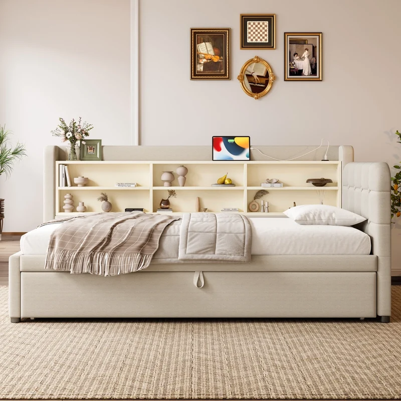Letto singolo 90x200 cm in lino beige con letto estraibile salvaspazio; USB e Type-C