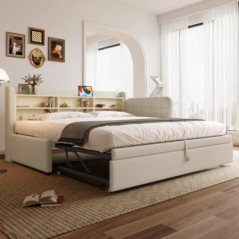 Letto singolo 90x200 cm in lino beige con letto estraibile salvaspazio; USB e Type-C