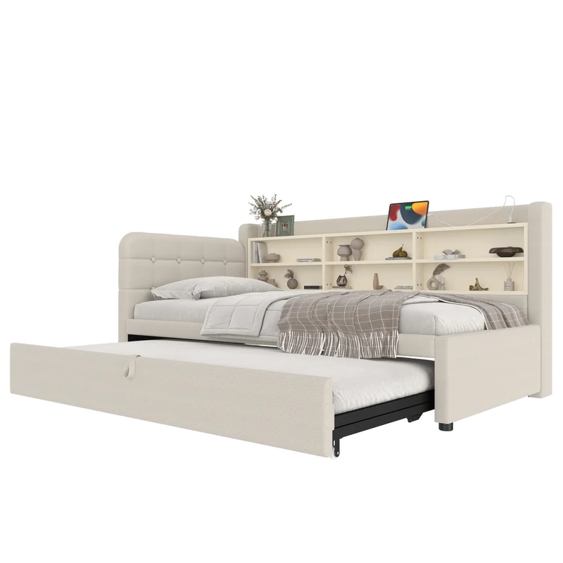 Letto singolo 90x200 cm in lino beige con letto estraibile salvaspazio; USB e Type-C
