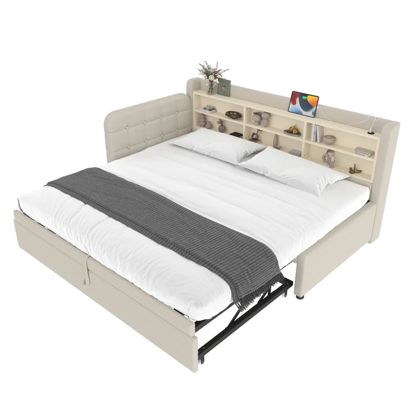 Letto singolo 90x200 cm in lino beige con letto estraibile salvaspazio; USB e Type-C
