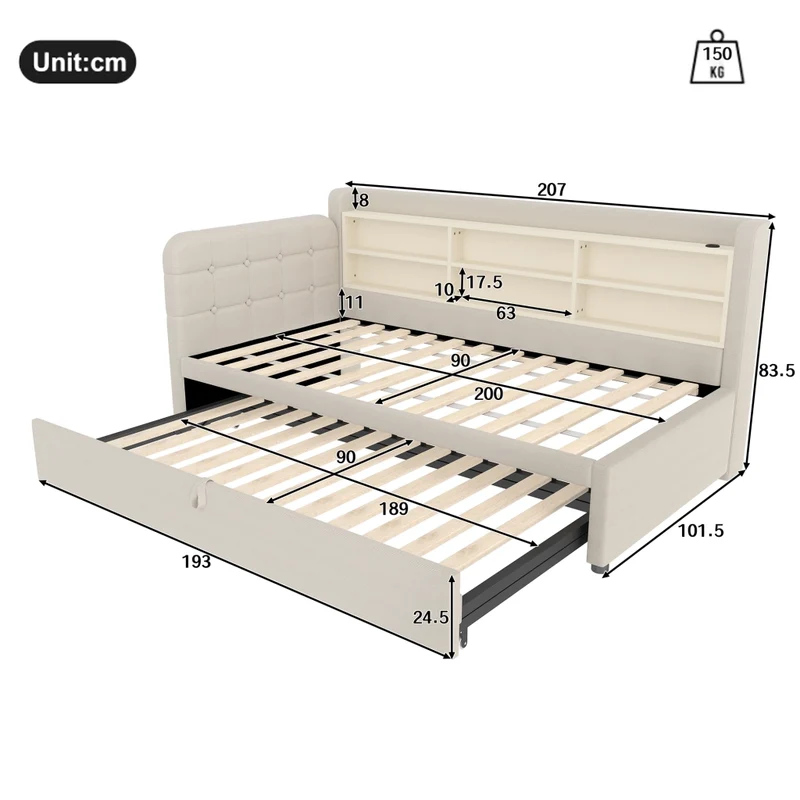 Letto singolo 90x200 cm in lino beige con letto estraibile salvaspazio; USB e Type-C