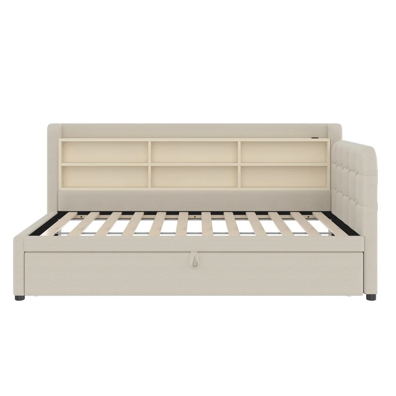 Letto singolo 90x200 cm in lino beige con letto estraibile salvaspazio; USB e Type-C