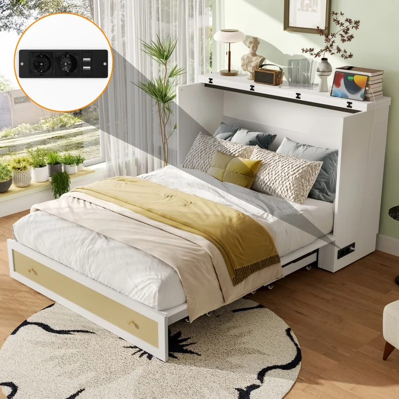 Letto a scomparsa 140x200 trasformabile in armadio con cassetti; mensola e prese USB; MDF bianco