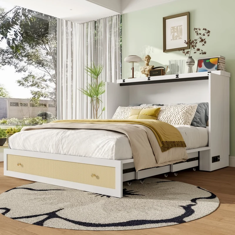 Letto a scomparsa 140x200 trasformabile in armadio con cassetti; mensola e prese USB; MDF bianco