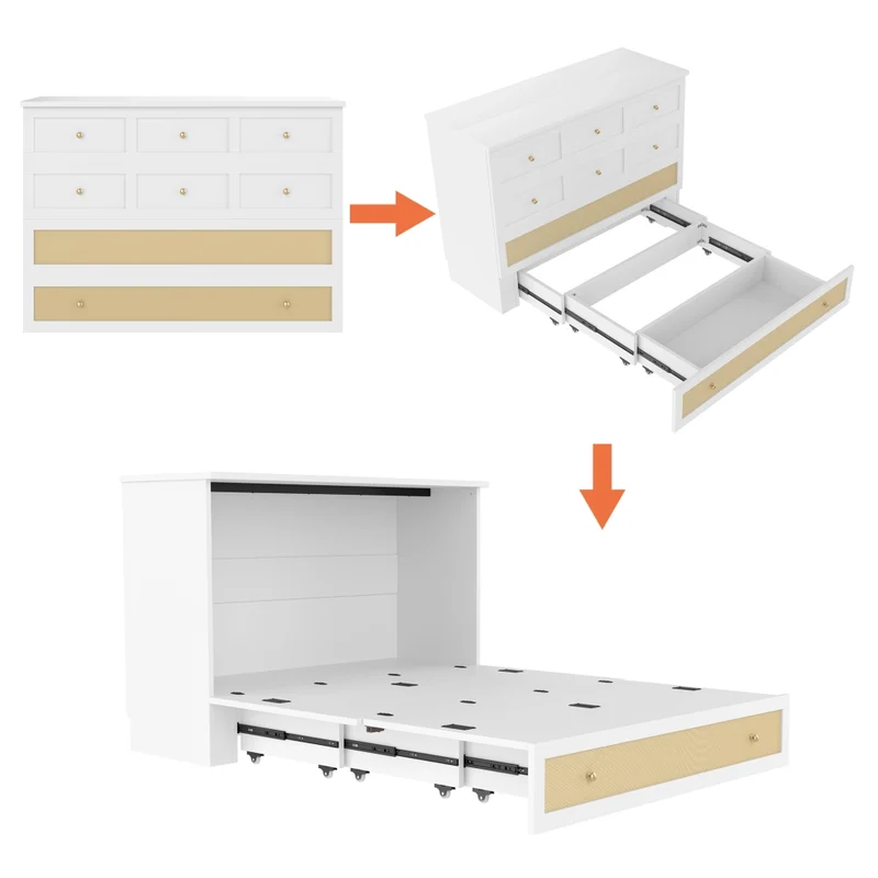Letto a scomparsa 140x200 trasformabile in armadio con cassetti; mensola e prese USB; MDF bianco