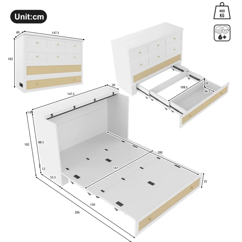 Letto a scomparsa 140x200 trasformabile in armadio con cassetti; mensola e prese USB; MDF bianco