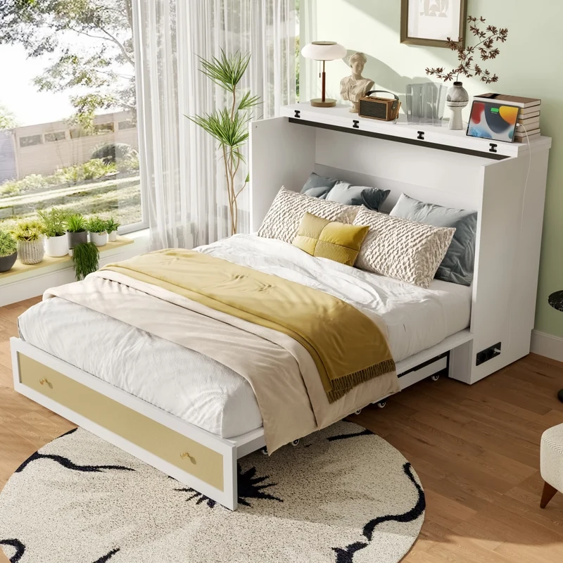 Letto a scomparsa 140x200 trasformabile in armadio con cassetti; mensola e prese USB; MDF bianco