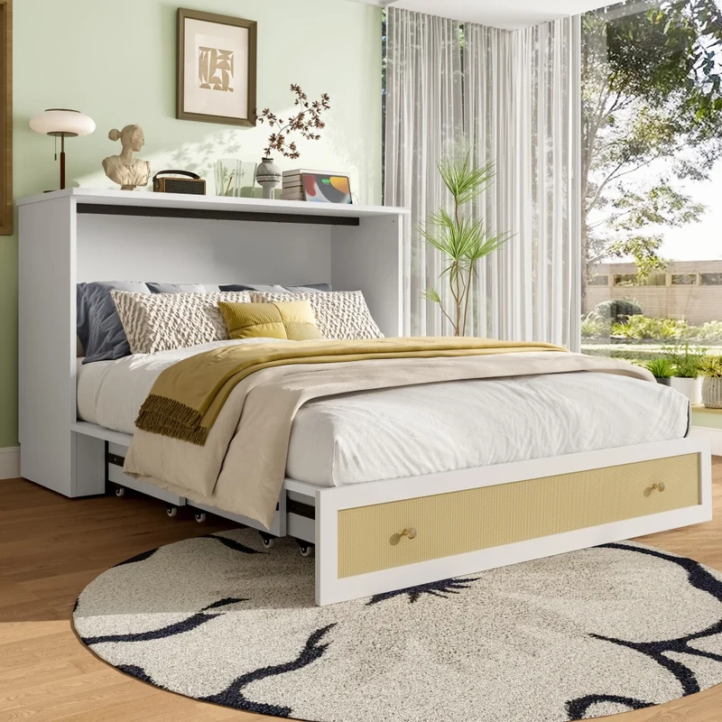 Letto a scomparsa 140x200 trasformabile in armadio con cassetti; mensola e prese USB; MDF bianco