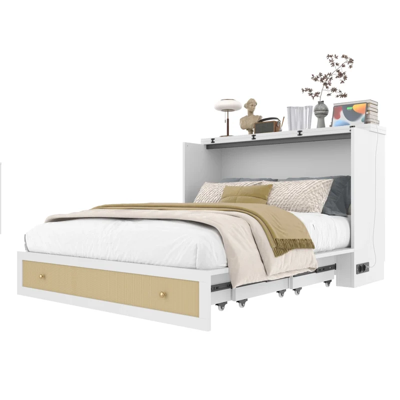 Letto a scomparsa 140x200 trasformabile in armadio con cassetti; mensola e prese USB; MDF bianco