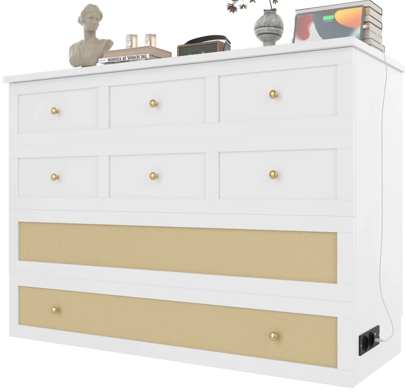 Letto a scomparsa 140x200 trasformabile in armadio con cassetti; mensola e prese USB; MDF bianco