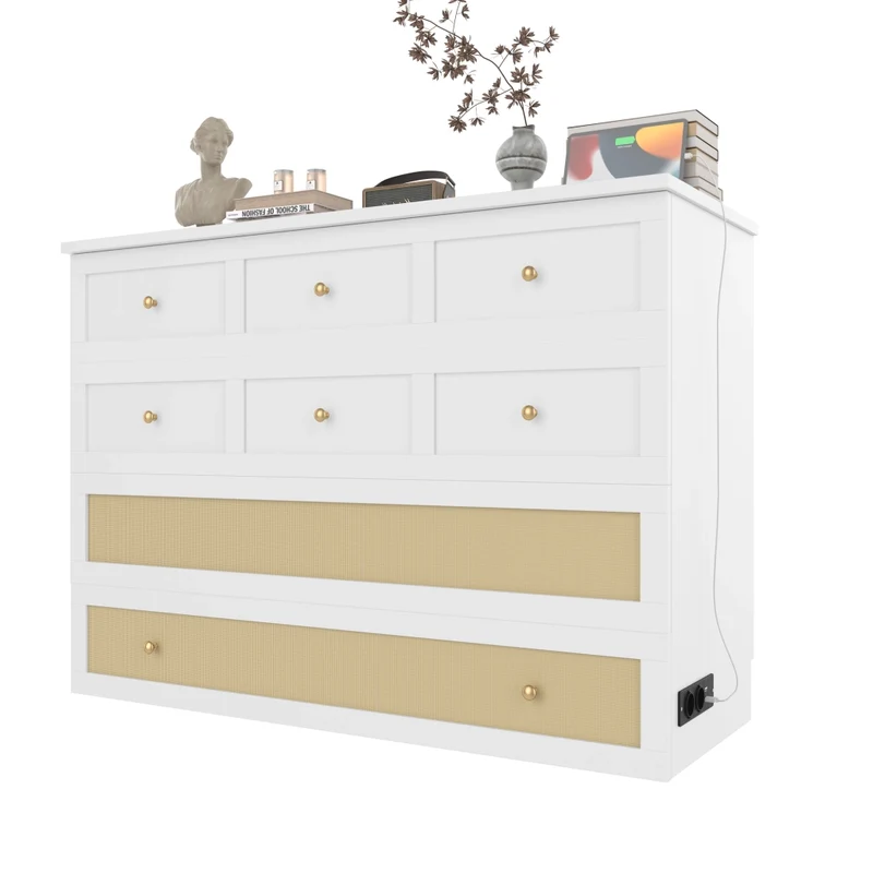 Letto a scomparsa 140x200 trasformabile in armadio con cassetti; mensola e prese USB; MDF bianco