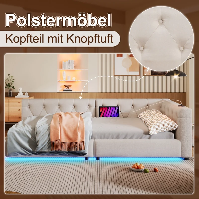 Divano letto singolo 90x200 cm con rete a doghe; lino beige; LED multicolore e porte USB