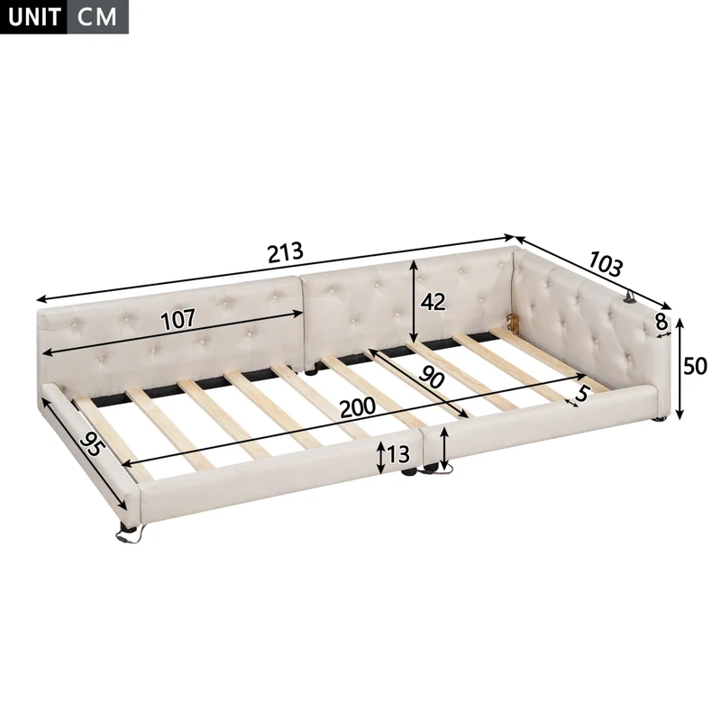 Divano letto singolo 90x200 cm con rete a doghe; lino beige; LED multicolore e porte USB