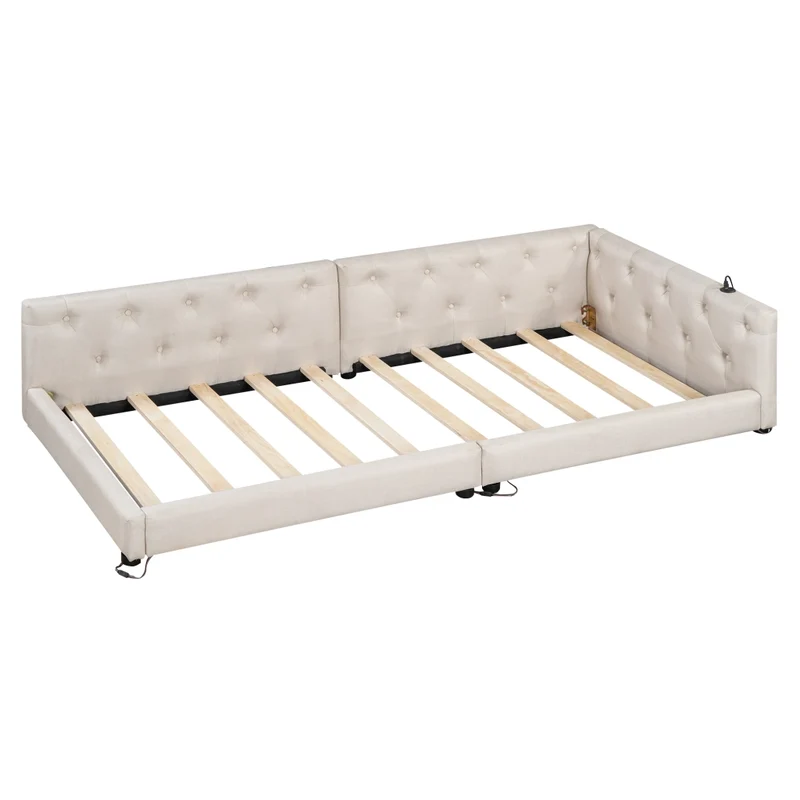 Divano letto singolo 90x200 cm con rete a doghe; lino beige; LED multicolore e porte USB