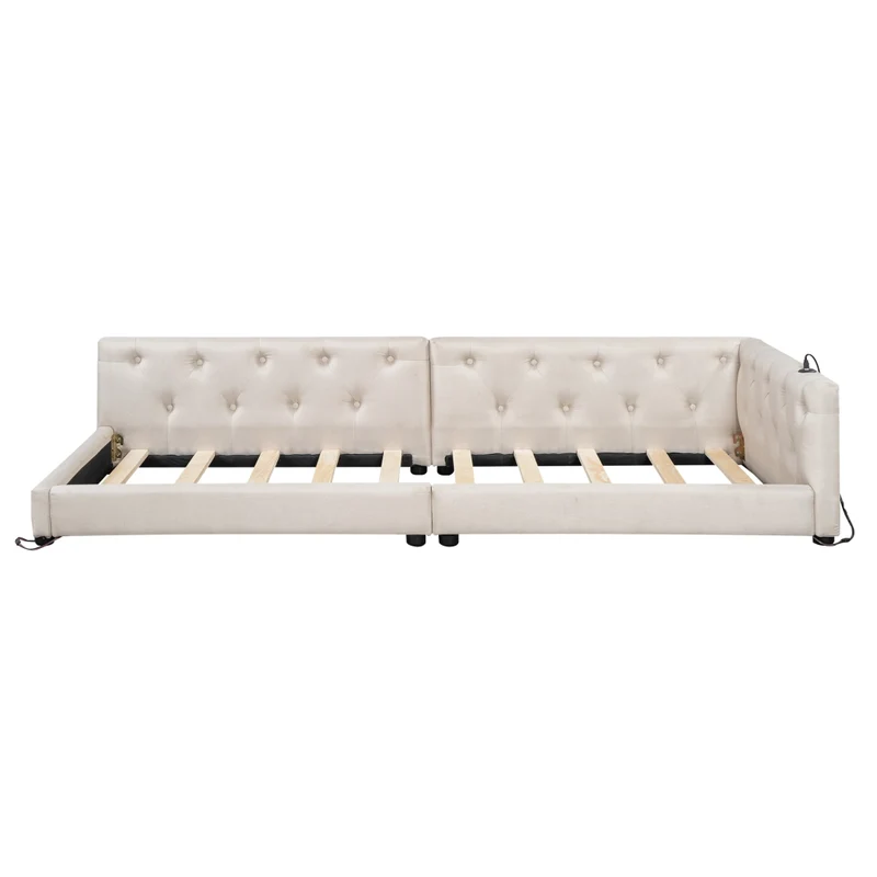 Divano letto singolo 90x200 cm con rete a doghe; lino beige; LED multicolore e porte USB