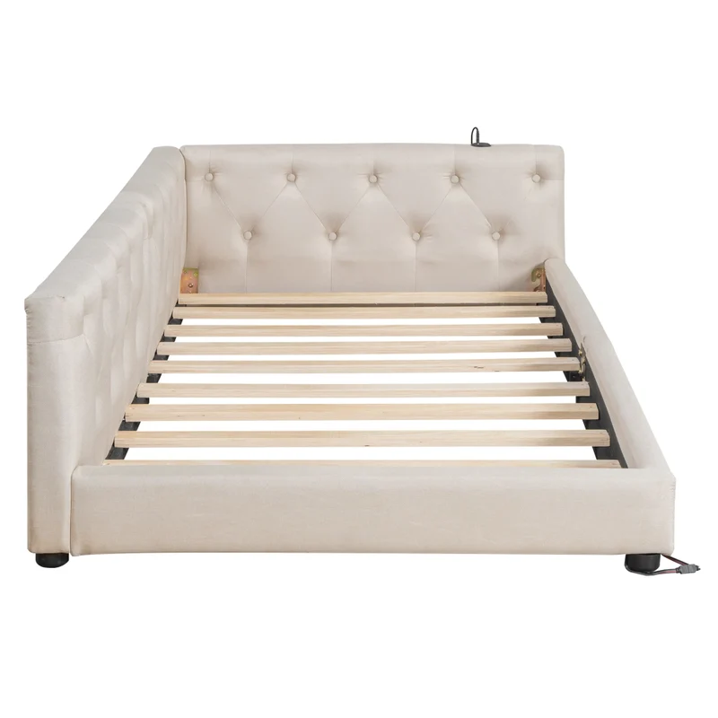 Divano letto singolo 90x200 cm con rete a doghe; lino beige; LED multicolore e porte USB