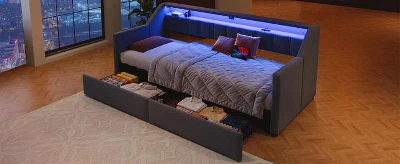Letto singolo 90x200 con prese USB e USB-C; LED multicolore; cassetti e letto estraibile 180x200; grigio