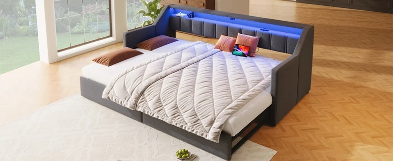 Letto singolo 90x200 con prese USB e USB-C; LED multicolore; cassetti e letto estraibile 180x200; grigio