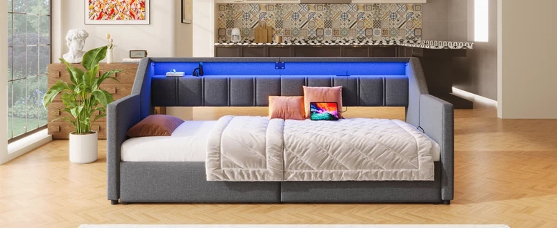 Letto singolo 90x200 con prese USB e USB-C; LED multicolore; cassetti e letto estraibile 180x200; grigio