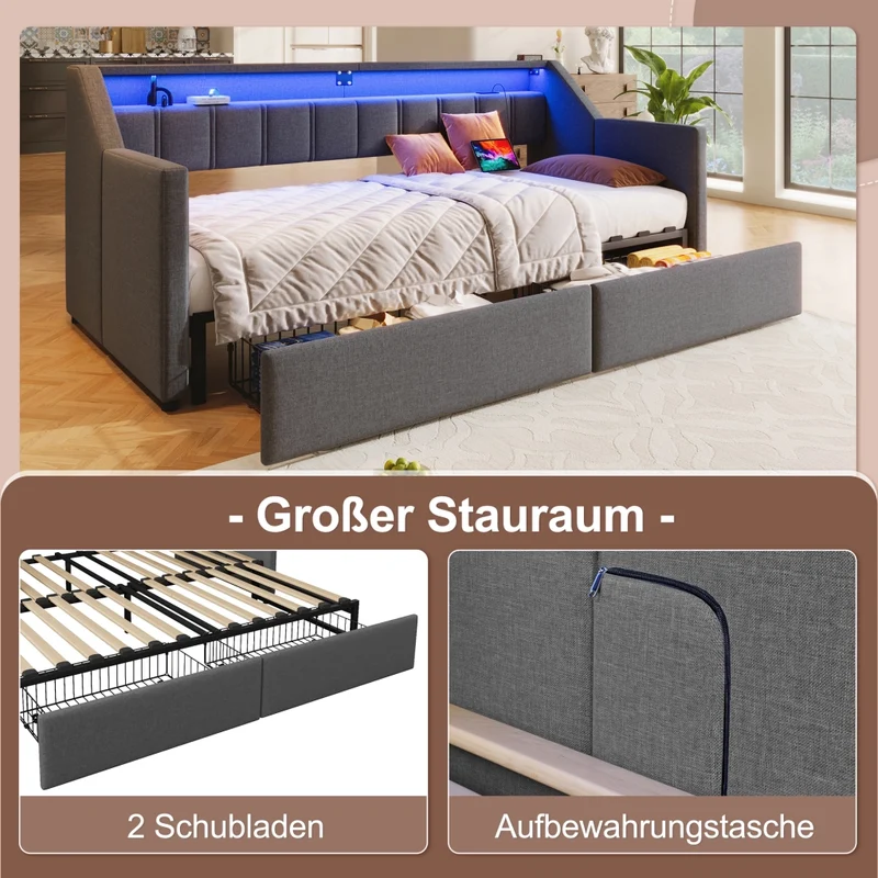 Letto singolo 90x200 con prese USB e USB-C; LED multicolore; cassetti e letto estraibile 180x200; grigio