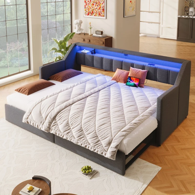 Letto singolo 90x200 con prese USB e USB-C; LED multicolore; cassetti e letto estraibile 180x200; grigio