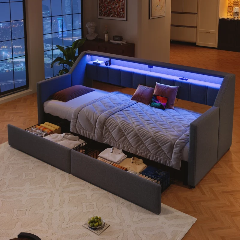 Letto singolo 90x200 con prese USB e USB-C; LED multicolore; cassetti e letto estraibile 180x200; grigio