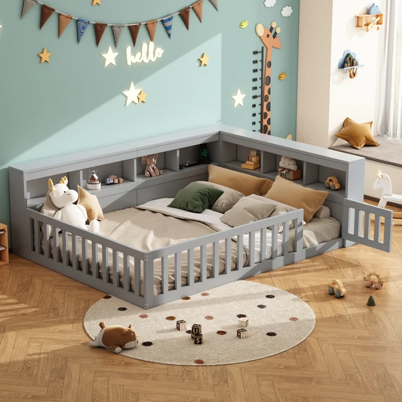 Letto 140x190 cm con rete a doghe; contenitore laterale e sponda; grigio