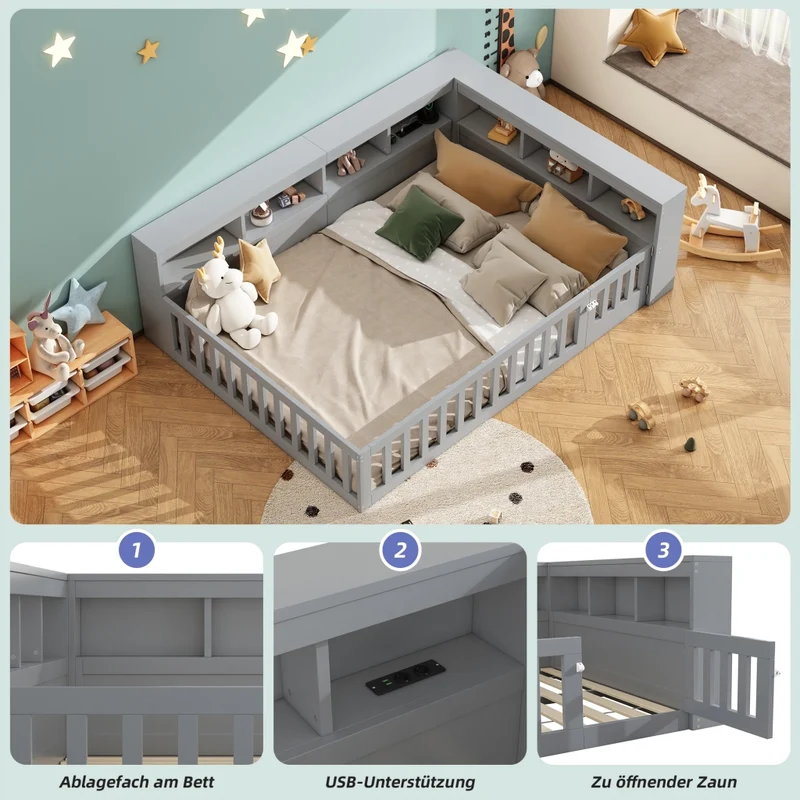 Letto 140x190 cm con rete a doghe; contenitore laterale e sponda; grigio