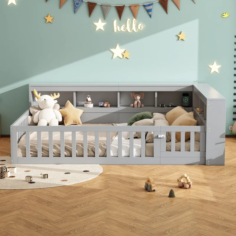 Letto 140x190 cm con rete a doghe; contenitore laterale e sponda; grigio