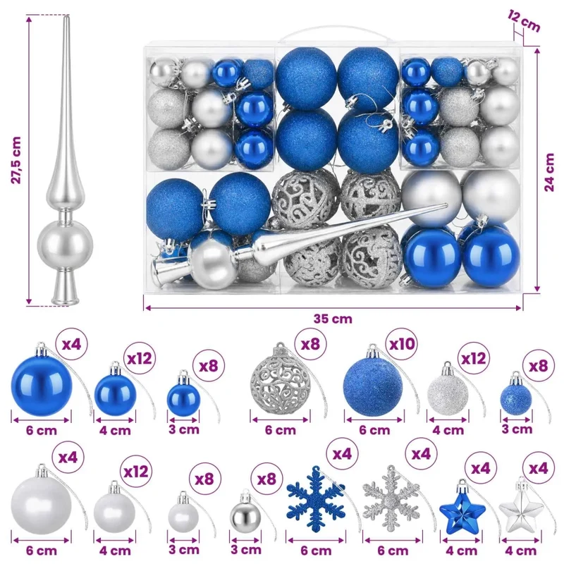 Set di Palline di Natale 111 pz Blu e argento 6 cm Polistirolo 42050597