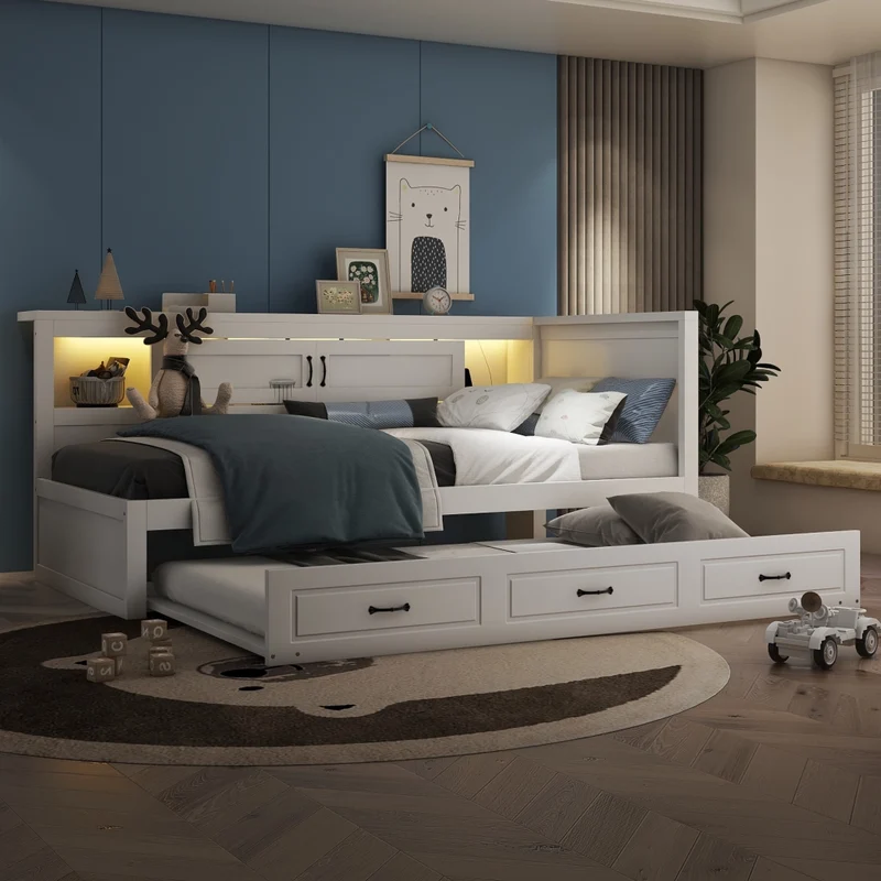 Letto singolo 90x200 cm con letto estraibile; luci LED e struttura bianca