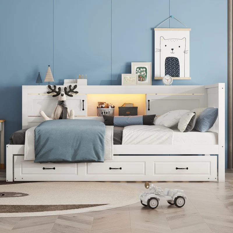 Letto singolo 90x200 cm con letto estraibile; luci LED e struttura bianca