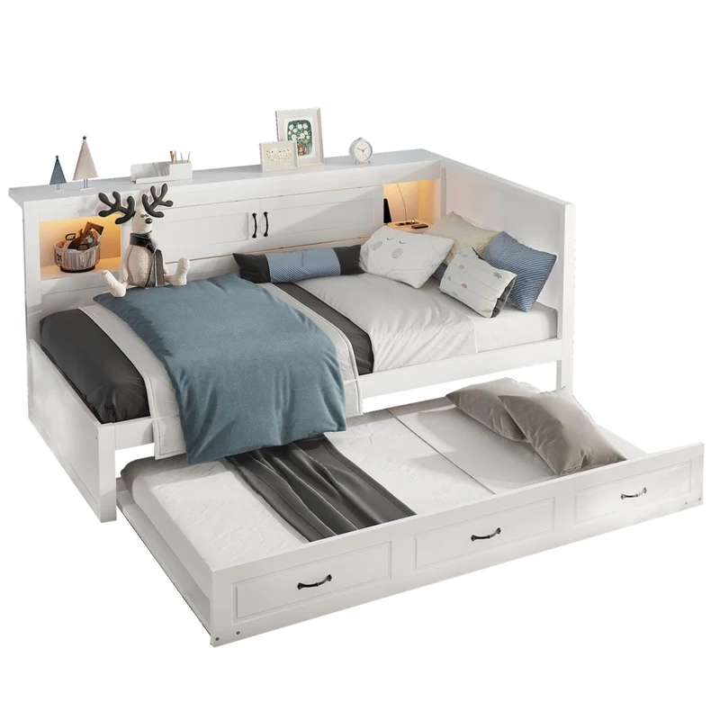 Letto singolo 90x200 cm con letto estraibile; luci LED e struttura bianca