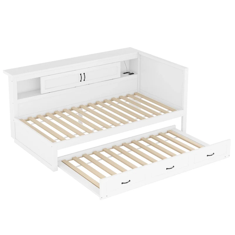 Letto singolo 90x200 cm con letto estraibile; luci LED e struttura bianca
