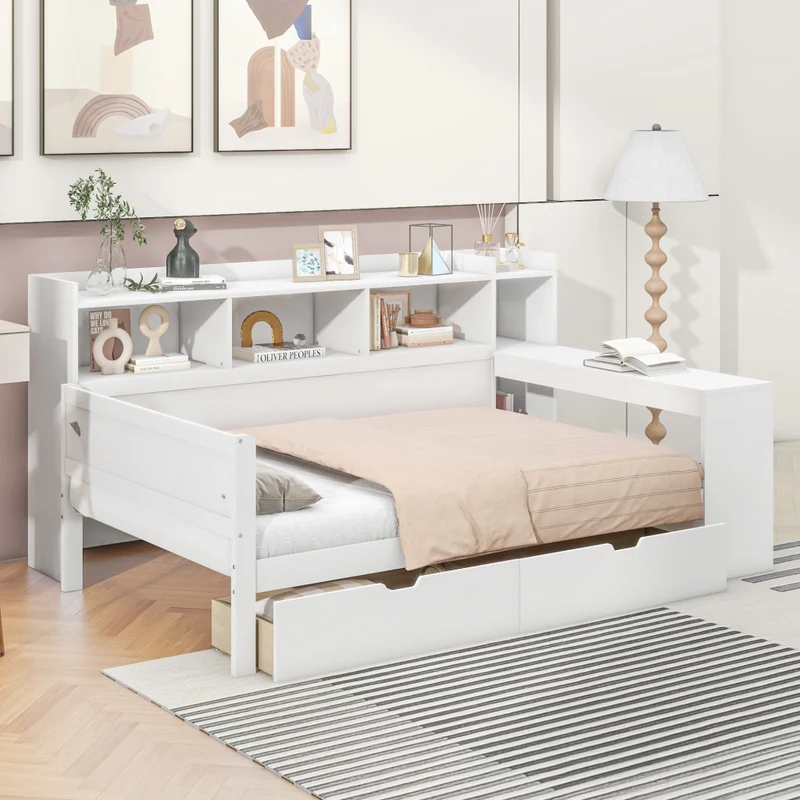 Letto multifunzionale 90x200 cm con scrivania e contenitori; truciolare e MDF; bianco