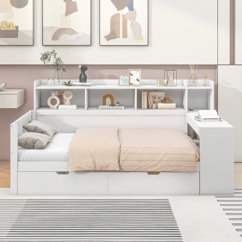 Letto multifunzionale 90x200 cm con scrivania e contenitori; truciolare e MDF; bianco