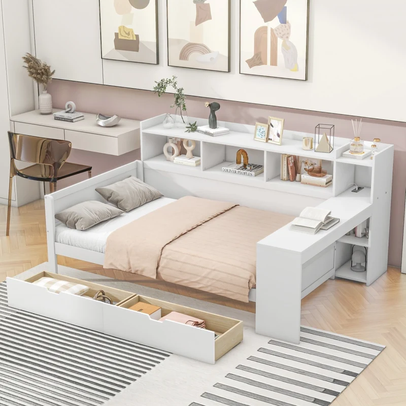 Letto multifunzionale 90x200 cm con scrivania e contenitori; truciolare e MDF; bianco
