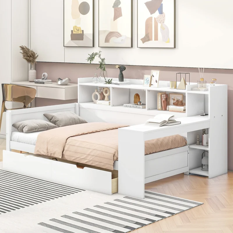 Letto multifunzionale 90x200 cm con scrivania e contenitori; truciolare e MDF; bianco