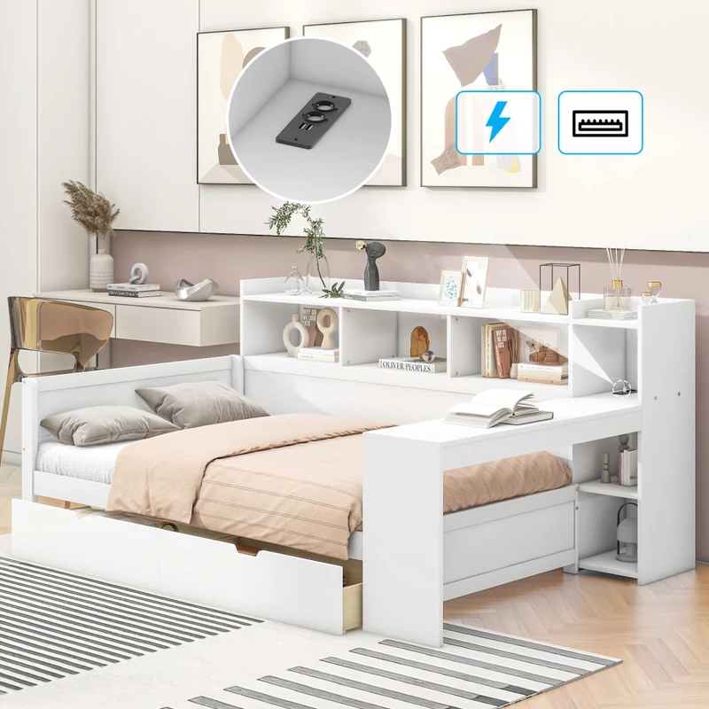 Letto multifunzionale 90x200 cm con scrivania e contenitori; truciolare e MDF; bianco