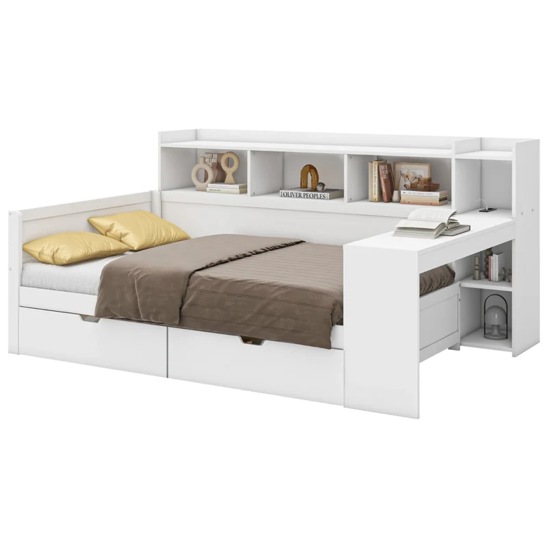 Letto multifunzionale 90x200 cm con scrivania e contenitori; truciolare e MDF; bianco