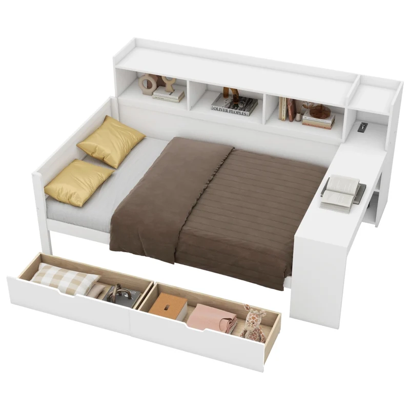 Letto multifunzionale 90x200 cm con scrivania e contenitori; truciolare e MDF; bianco