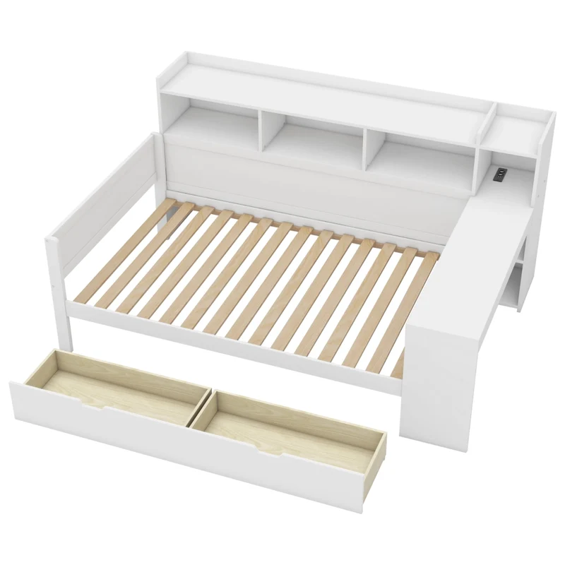 Letto multifunzionale 90x200 cm con scrivania e contenitori; truciolare e MDF; bianco