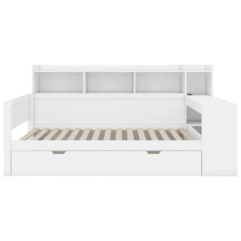 Letto multifunzionale 90x200 cm con scrivania e contenitori; truciolare e MDF; bianco