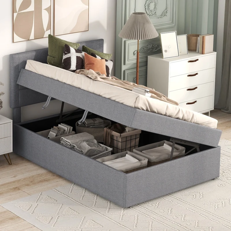 Letto imbottito singolo 90x200 con contenitore e rete a doghe; grigio