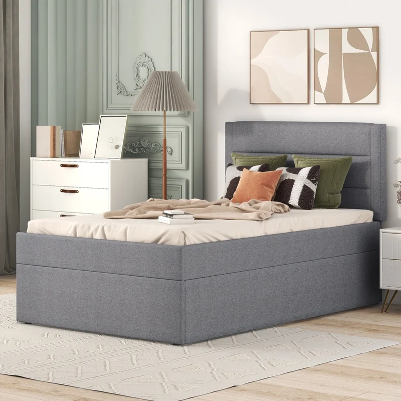 Letto imbottito singolo 90x200 con contenitore e rete a doghe; grigio