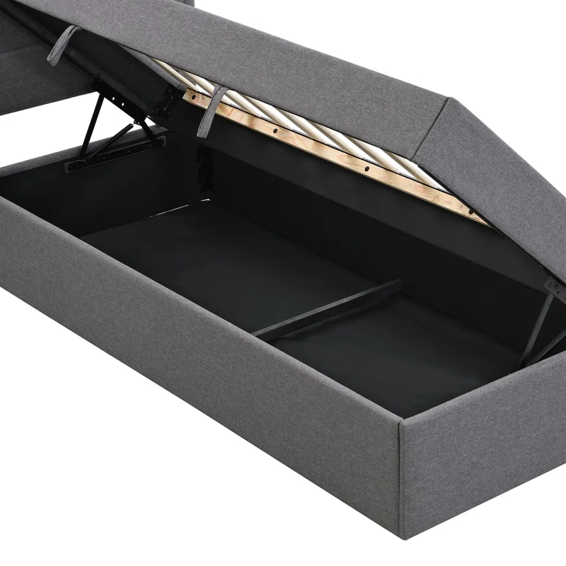 Letto imbottito singolo 90x200 con contenitore e rete a doghe; grigio