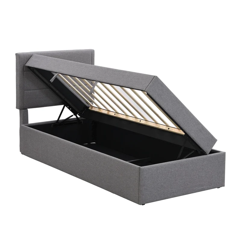 Letto imbottito singolo 90x200 con contenitore e rete a doghe; grigio